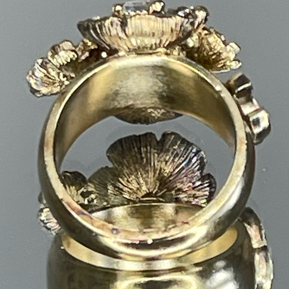 CHANEL Camellia CC Logo Rhinestone Gold Tone Ring Size 6 - Picture 6 of 14